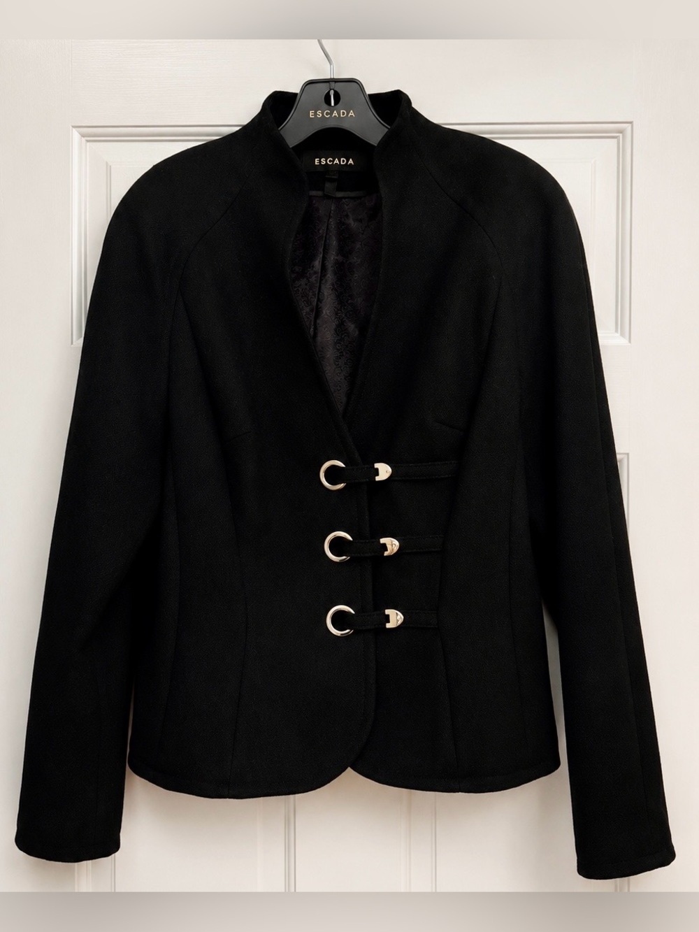 ESCADA Black Virgin Wool Equestrian Military Jacket Blazer Size 40